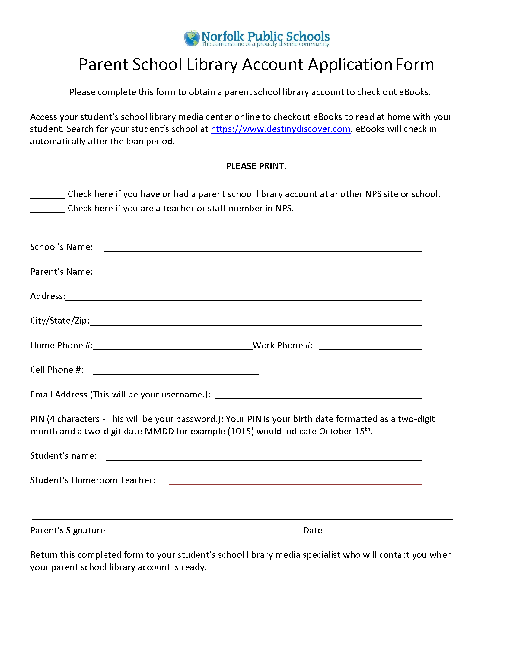Parent School Library Account Application Form